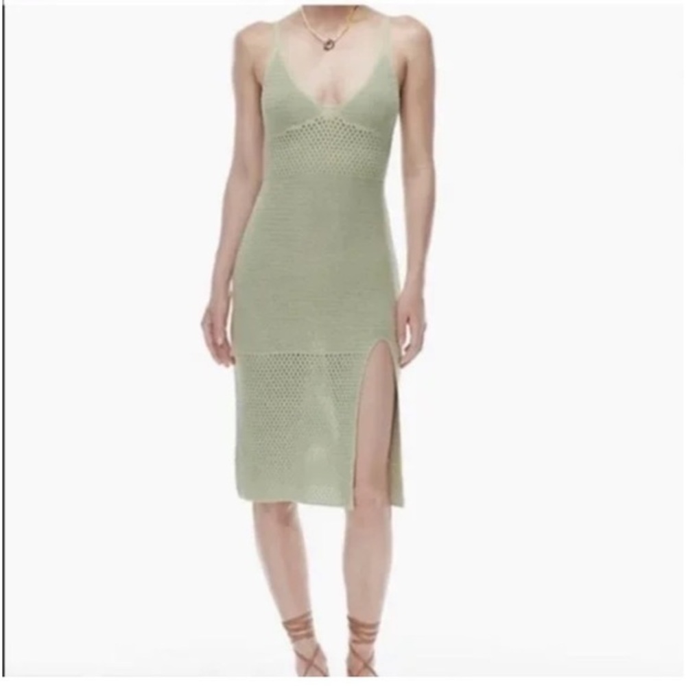 Aritzia Wilfred Evie Crochet Knit Midi Dress Green Size Small Side Slit